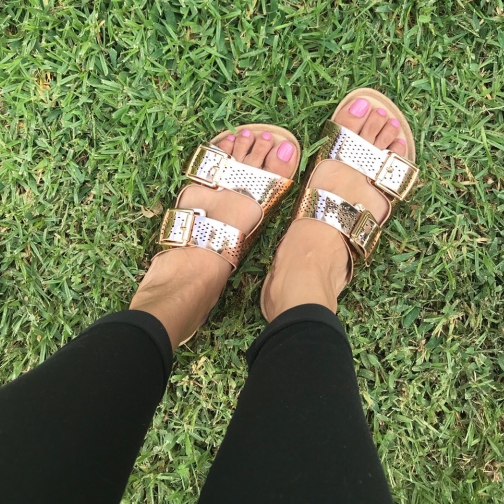 Rose Gold Doubled Strap Footbed Slides Sandals✨